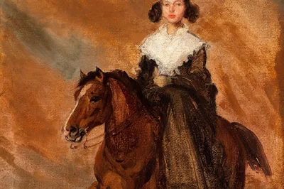 Kobieta w czarnej sukni z białym koronkowym kołnierzem siedzi na brązowym koniu, Amazonka, Piotr Michałowski, 1834.