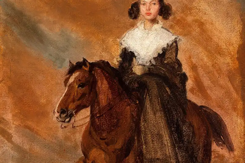 {'pl': 'Kobieta w czarnej sukni z białym koronkowym kołnierzem siedzi na brązowym koniu, Amazonka, Piotr Michałowski, 1834.'}