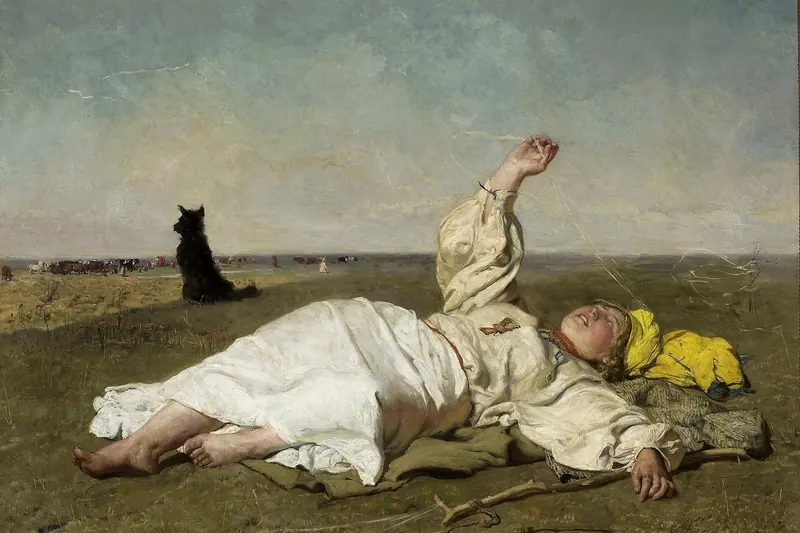{'pl': 'Dziewczyna w białej koszuli leży na łące z podniesioną ręką, obok czarny pies i żółta chustka, Babie lato, Józef Chełmoński, 1875.'}