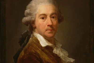 Mężczyzna w białej peruce, brązowym fraku i koronkowym żabocie patrzy na widza, Autoportret w brązowym fraku, Marcello Bacciarelli, 1793.