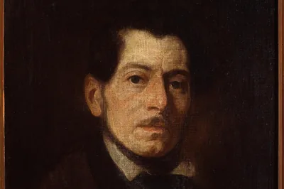 Ciemny portret mężczyzny z wąsem, w czarnym surducie i białym kołnierzyku, Autoportret, Piotr Michałowski, 1840.