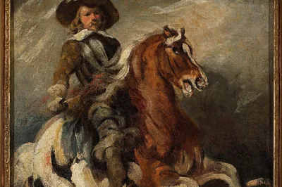 Jeździec w kapeluszu z szerokim rondem i dwa konie, brązowy i biały, na jasnym tle, Rajtar, Piotr Michałowski, 1840.
