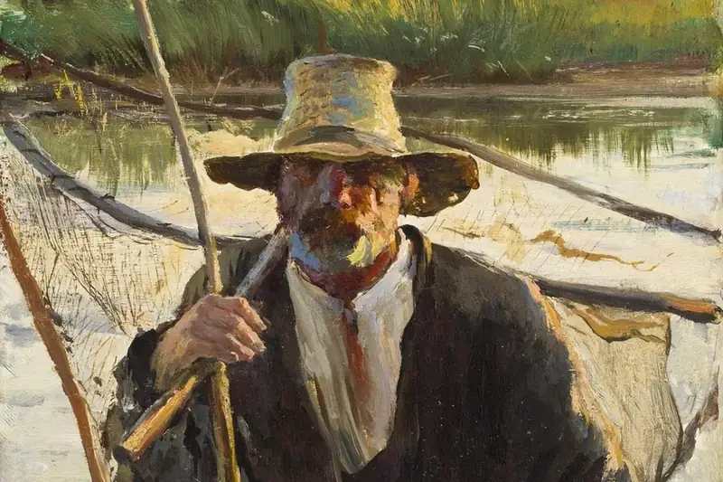 {'pl': 'Brodaty mężczyzna w słomkowym kapeluszu trzyma długą tyczkę, za nim rzeka i łódź, Rybak, Leon Wyczółkowski, 1891.'}