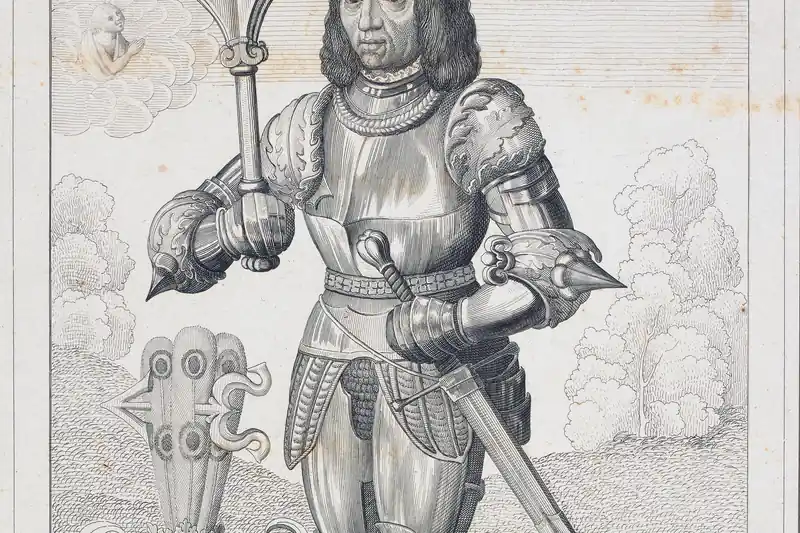 {'pl': 'Rycerz w płytowej zbroi stoi z buławą w ręku, obok niego tarcza herbowa, Stanisław Szydłowiecki, Stanisław Samostrzelnik i Josef Caspar, 1852.'}