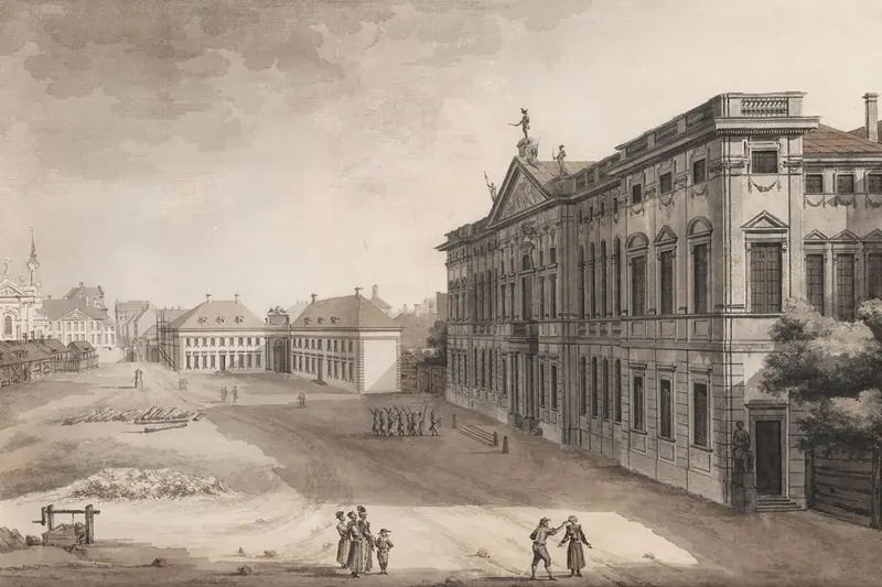 {'pl': 'Miejski plac z klasycystycznym pałacem po prawej i grupkami przechodniów, Pałac Rzeczypospolitej w Warszawie od północy, Zygmunt Vogel, 1785.'}