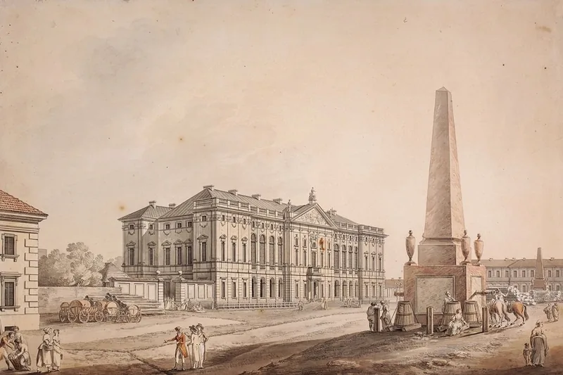 {'pl': 'Pałac za szerokim placem i wysoki kamienny obelisk, obok wóz z koniem i przechodnie, Pałac Rzeczypospolitej w Warszawie od południa, Zygmunt Vogel, 1795.'}