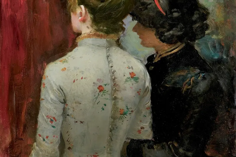 {'pl': 'Dwie kobiety widziane od tyłu, jedna w białej sukni w kwiaty, druga w czarnym stroju i kapeluszu, Wpatrzone, Leon Wyczółkowski, 1885.'}